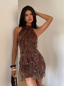 Aloruh Women's Sequin Tassel Backless Halter Mini Dress - Brown - View 7