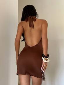 Aloruh Women's Sequin Tassel Backless Halter Mini Dress - Brown - View 3