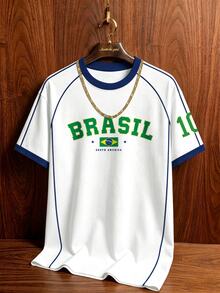 Aesthetic Post 復西足球T恤，男女款圖案T恤，白色，夏季，街頭風，度假，BRASIL 10號印花時尚運動足球上衣 - 彩色 - 查看 2