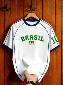 Aesthetic Post 復西足球T恤，男女款圖案T恤，白色，夏季，街頭風，度假，BRASIL 10號印花時尚運動足球上衣 - 彩色 - 查看 3