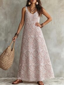 Linhara CURVE Plus Size Women's Loose Fit Faux Lace Print Sleeveless Dress For Vacation - White - View 6