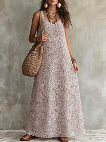 Linhara CURVE Plus Size Women's Loose Fit Faux Lace Print Sleeveless Dress For Vacation - White - View 1
