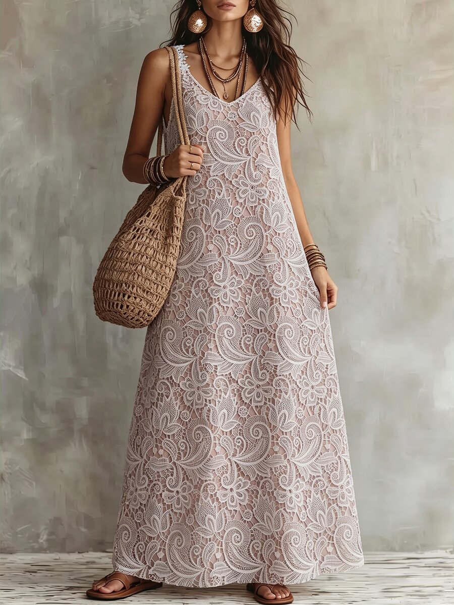 Linhara CURVE Plus Size Women's Loose Fit Faux Lace Print Sleeveless Dress For Vacation - White - View 1