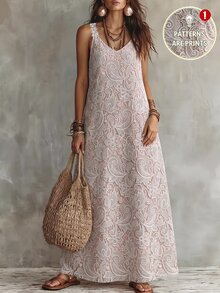 Linhara CURVE Plus Size Women's Loose Fit Faux Lace Print Sleeveless Dress For Vacation - White - View 4