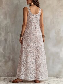Linhara CURVE Plus Size Women's Loose Fit Faux Lace Print Sleeveless Dress For Vacation - White - View 2