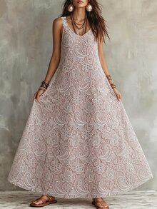 Linhara CURVE Plus Size Women's Loose Fit Faux Lace Print Sleeveless Dress For Vacation - White - View 5