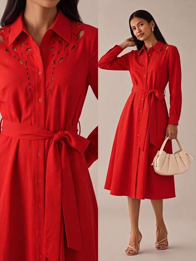 Lilora Women's Premium Elegant Hollow Embroidered Long Sleeve Midi Dress, High-End Fashion Versatile Elegant Dress, Suitable For Commute, Daily Casual, Outing, Gathering, Date, Party, Leisure, Outing, Holiday, Autumn, Winter, Holiday Travel