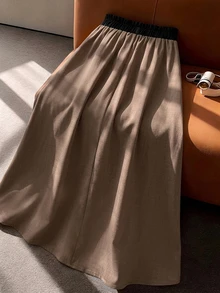 GlowEve CURVE Plus Size Women's Summer Vintage Striped A-Line Skirt, High Waist Design With Full Flare, Suitable For Spring/Summer Outfits, Vacation, Daily Commute, Gathering, Party, Valentine's Day - Brown - View 2