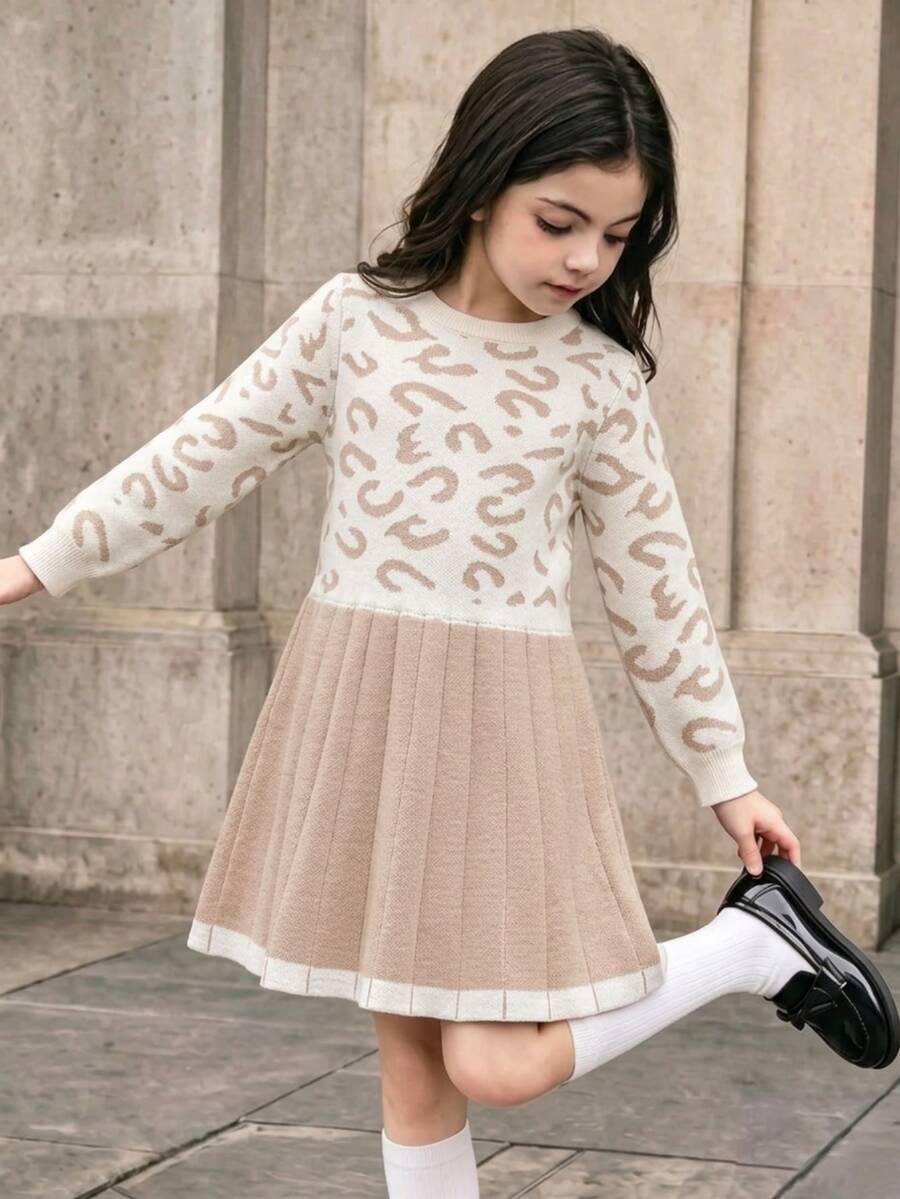 SHEIN Young Girl Colorblock Leopard Print Knit Dress - Khaki - View 1