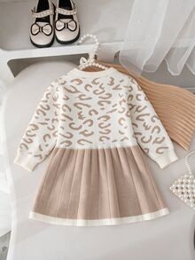 SHEIN Young Girl Colorblock Leopard Print Knit Dress - Khaki - View 2