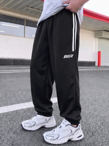 SHEIN Kids Tween Boy Casual Street Style Sports Webbing Knit Sweatpants Long Pants Suitable For Commuting School Daily Casual Vacation Travel Suitable For Sports Suitable For Spring Summer Autumn Winter - Black - View 3