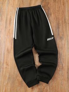 SHEIN Kids Tween Boy Casual Street Style Sports Webbing Knit Sweatpants Long Pants Suitable For Commuting School Daily Casual Vacation Travel Suitable For Sports Suitable For Spring Summer Autumn Winter - Black - View 4