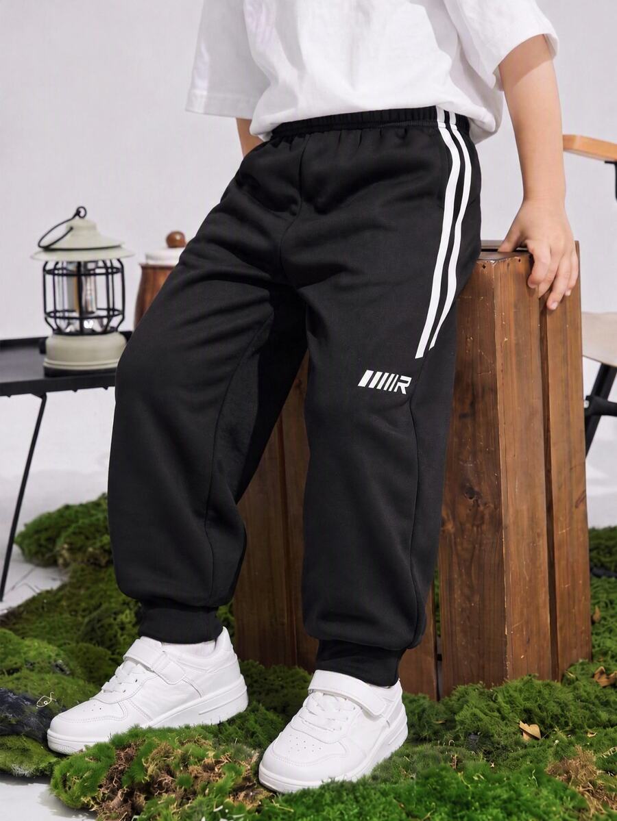 SHEIN Kids Tween Boy Casual Street Style Sports Webbing Knit Sweatpants Long Pants Suitable For Commuting School Daily Casual Vacation Travel Suitable For Sports Suitable For Spring Summer Autumn Winter - Black - View 1