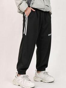 SHEIN Kids Tween Boy Casual Street Style Sports Webbing Knit Sweatpants Long Pants Suitable For Commuting School Daily Casual Vacation Travel Suitable For Sports Suitable For Spring Summer Autumn Winter - Black - View 2