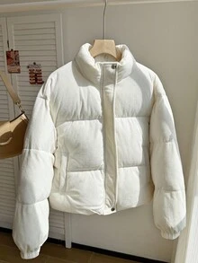 SHEIN 青少年女孩燈芯絨羽絨夾克立領冬季外套 - 米色 - 查看 1