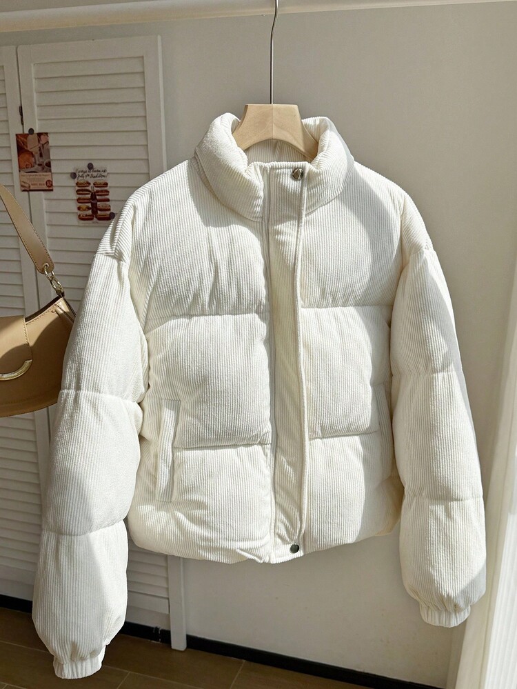 SHEIN Tween Girls Corduroy Puffer Jacket Stand Collar Winter Coat - Beige - View 3
