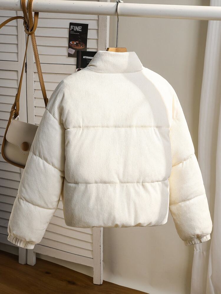 SHEIN Tween Girls Corduroy Puffer Jacket Stand Collar Winter Coat - Beige - View 5