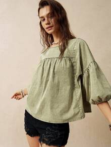 Bohemela 休闲度假绿色女式泡泡袖衬衫 - 軍綠色 - 查看 7
