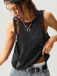 Bohemela Plain Knitted Cropped Washed Tank Top For Women Concert Gray Summer Grunge - Black - View 3