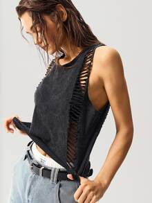 Bohemela Plain Knitted Cropped Washed Tank Top For Women Concert Gray Summer Grunge - Black - View 5
