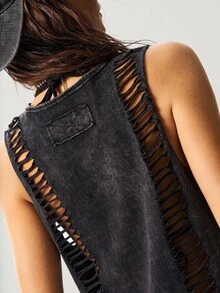 Bohemela Plain Knitted Cropped Washed Tank Top For Women Concert Gray Summer Grunge - Black - View 4
