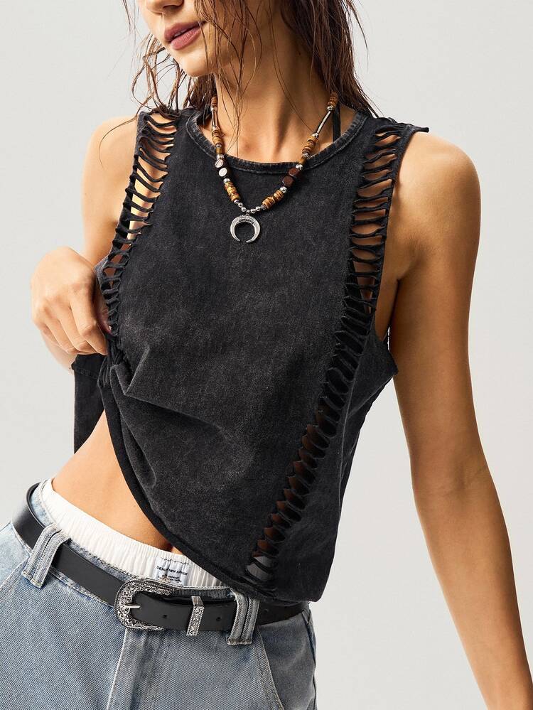 Bohemela Plain Knitted Cropped Washed Tank Top For Women Concert Gray Summer Grunge - Black - View 6