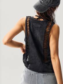 Bohemela Plain Knitted Cropped Washed Tank Top For Women Concert Gray Summer Grunge - Black - View 8