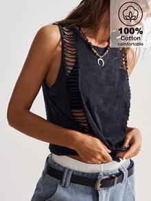 Bohemela Plain Knitted Cropped Washed Tank Top For Women Concert Gray Summer Grunge - Black - View 2