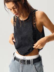 Bohemela Plain Knitted Cropped Washed Tank Top For Women Concert Gray Summer Grunge - Black - View 9