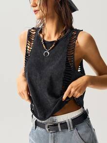 Bohemela Plain Knitted Cropped Washed Tank Top For Women Concert Gray Summer Grunge - Black - View 7