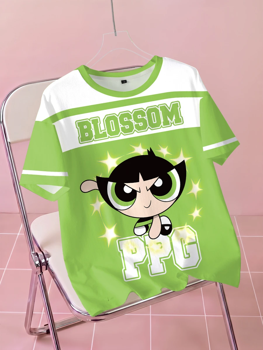 THE POWERPUFF GIRLS X SHEIN 大尺碼女款圓領字母卡通印花休閒日常夏季T恤 - 白色 - 查看 1