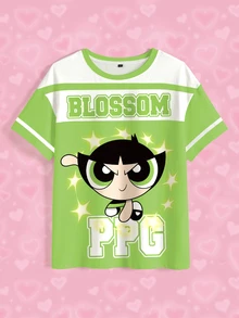 THE POWERPUFF GIRLS X SHEIN 大尺碼女款圓領字母卡通印花休閒日常夏季T恤 - 白色 - 查看 3