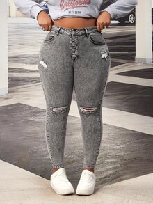 Slaydiva Plus Size Women Y2K Fall Grey Rhinestone Sparkly High Waist Wide Leg Jeans Vintage Washed Party Going Out Slim Fit Denim Pants - Black - View 4