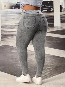 Slaydiva Plus Size Women Y2K Fall Grey Rhinestone Sparkly High Waist Wide Leg Jeans Vintage Washed Party Going Out Slim Fit Denim Pants - Black - View 2