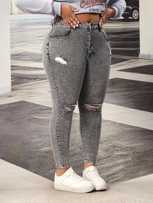 Slaydiva Plus Size Women Y2K Fall Grey Rhinestone Sparkly High Waist Wide Leg Jeans Vintage Washed Party Going Out Slim Fit Denim Pants - Black - View 5