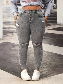Slaydiva Plus Size Women Y2K Fall Grey Rhinestone Sparkly High Waist Wide Leg Jeans Vintage Washed Party Going Out Slim Fit Denim Pants - Black - View 1