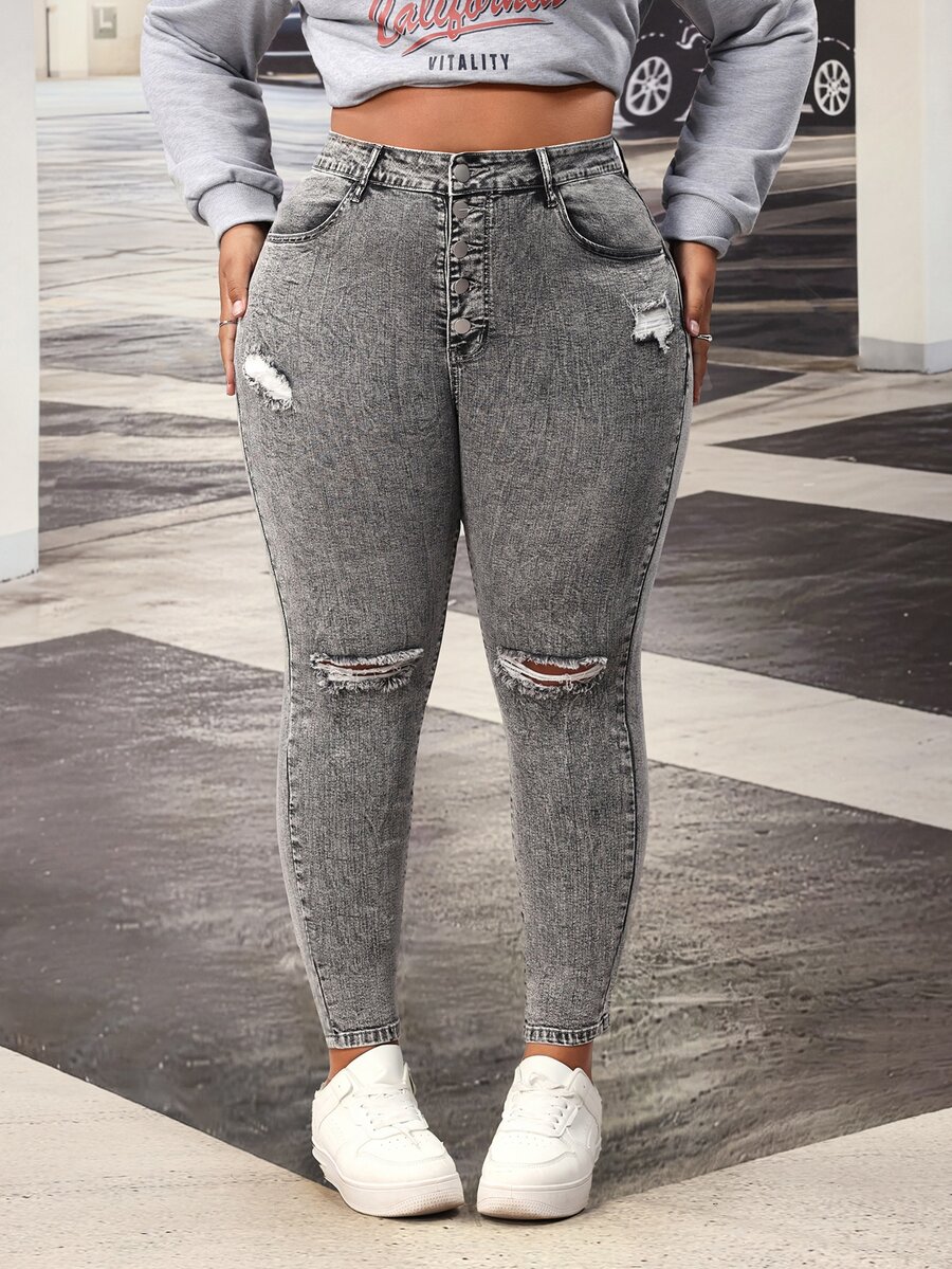 Slaydiva Plus Size Women Y2K Fall Grey Rhinestone Sparkly High Waist Wide Leg Jeans Vintage Washed Party Going Out Slim Fit Denim Pants - Black - View 1
