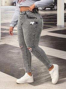 Slaydiva Plus Size Women Y2K Fall Grey Rhinestone Sparkly High Waist Wide Leg Jeans Vintage Washed Party Going Out Slim Fit Denim Pants - Black - View 6