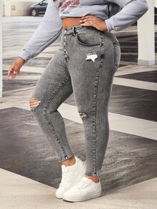 Slaydiva Plus Size Women Y2K Fall Grey Rhinestone Sparkly High Waist Wide Leg Jeans Vintage Washed Party Going Out Slim Fit Denim Pants - Black - View 7