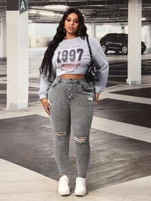 Slaydiva Plus Size Women Y2K Fall Grey Rhinestone Sparkly High Waist Wide Leg Jeans Vintage Washed Party Going Out Slim Fit Denim Pants - Black - View 3