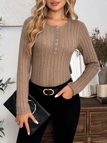 EMERY ROSE Old Money Style Casual Solid Color Ribbed Half-Open Round Neck Knit Sweater Women Autumn Slim Fit Base Layer Top Office Brunch Mocha Brown Khaki - Camel - View 8