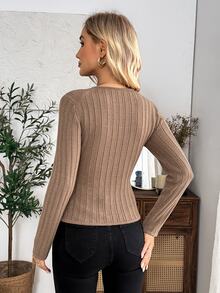 EMERY ROSE Old Money Style Casual Solid Color Ribbed Half-Open Round Neck Knit Sweater Women Autumn Slim Fit Base Layer Top Office Brunch Mocha Brown Khaki - Camel - View 2