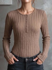 EMERY ROSE Old Money Style Casual Solid Color Ribbed Half-Open Round Neck Knit Sweater Women Autumn Slim Fit Base Layer Top Office Brunch Mocha Brown Khaki - Camel - View 7