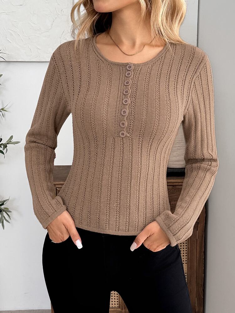 EMERY ROSE Sweater Rajut Wanita Gaya Klasik Kasual Warna Polos Bergaris Setengah Terbuka Leher Bulat, Potongan Ramping, Atasan Lapisan Dasar Musim Gugur, Cocok untuk Kantor, Makan Siang, Cokelat Mocha, Khaki - Unta - View 3