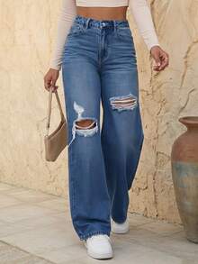 EMERY ROSE Destroyed Washed Denim Jeans - Medium Wash - View 1