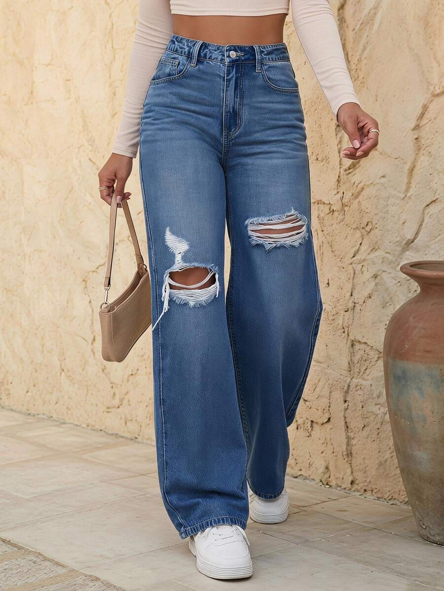 EMERY ROSE Destroyed Washed Denim Jeans - Medium Wash - View 1