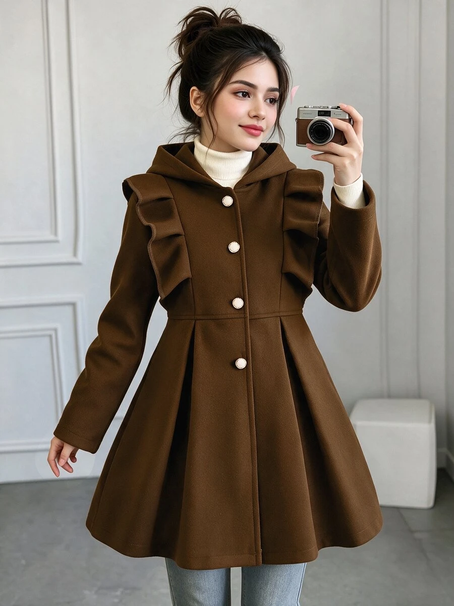 SHEIN Tween Girls Brown Coat Ruffle Trim Hooded Winter Overcoat - Coffee Brown - View 1