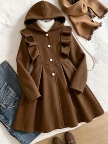 SHEIN Tween Girls Brown Coat Ruffle Trim Hooded Winter Overcoat - Coffee Brown - View 3