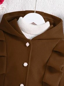SHEIN Tween Girls Brown Coat Ruffle Trim Hooded Winter Overcoat - Coffee Brown - View 6