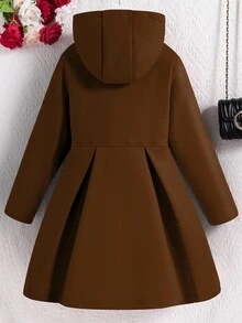 SHEIN Tween Girls Brown Coat Ruffle Trim Hooded Winter Overcoat - Coffee Brown - View 2